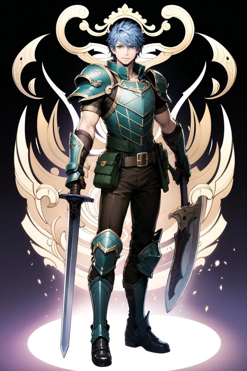 12811-1042244456-weapon, 1boy, sword, armor, solo, blue hair, male focus, holding, black background, holding weapon, gauntlets, holding sword, sh.png